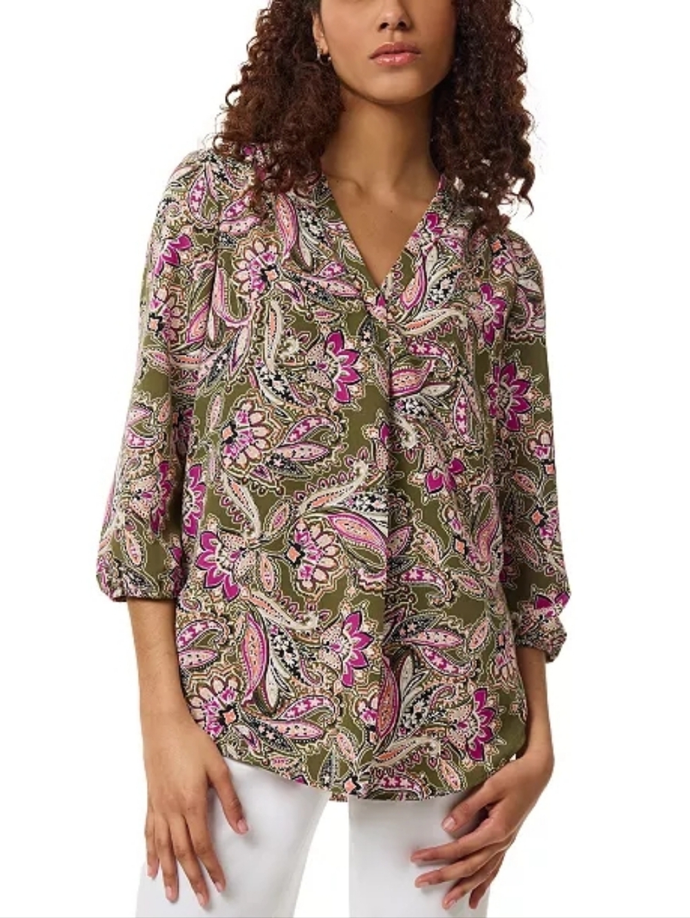 Jones New York Paisley 3/4-Sleeve Blouse Olive Pink V-Neck Blouse XS NWOT